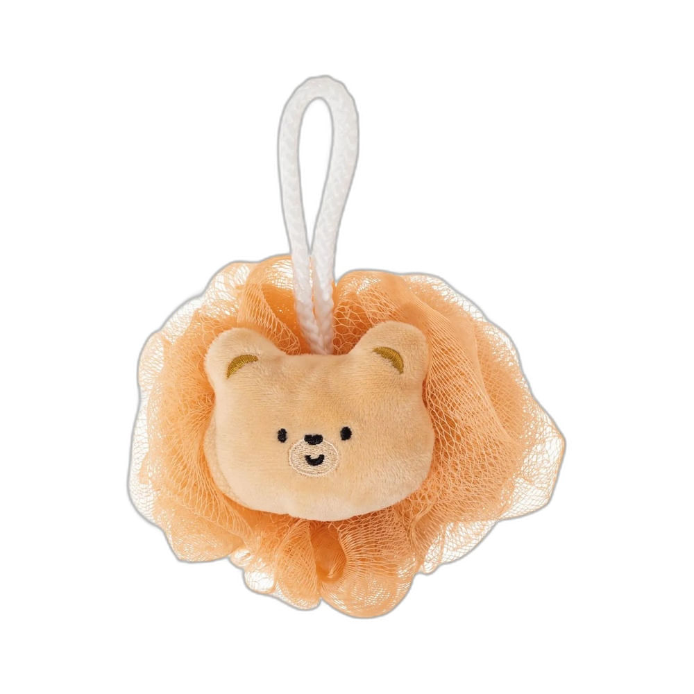 Esponja de banho Proart Banho Urso Mini em formato de urso bege com malha laranja